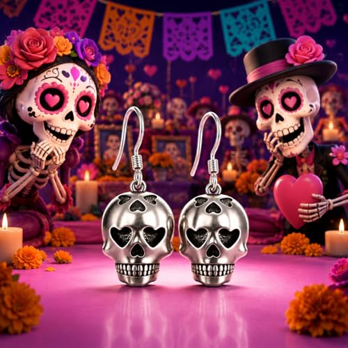 Image of Sugar Skull Earrings 925 Sterling Silver HalloweenSugar Skull Dangle Earrings Halloween Jewelry Sugar Skull Gifts for Women