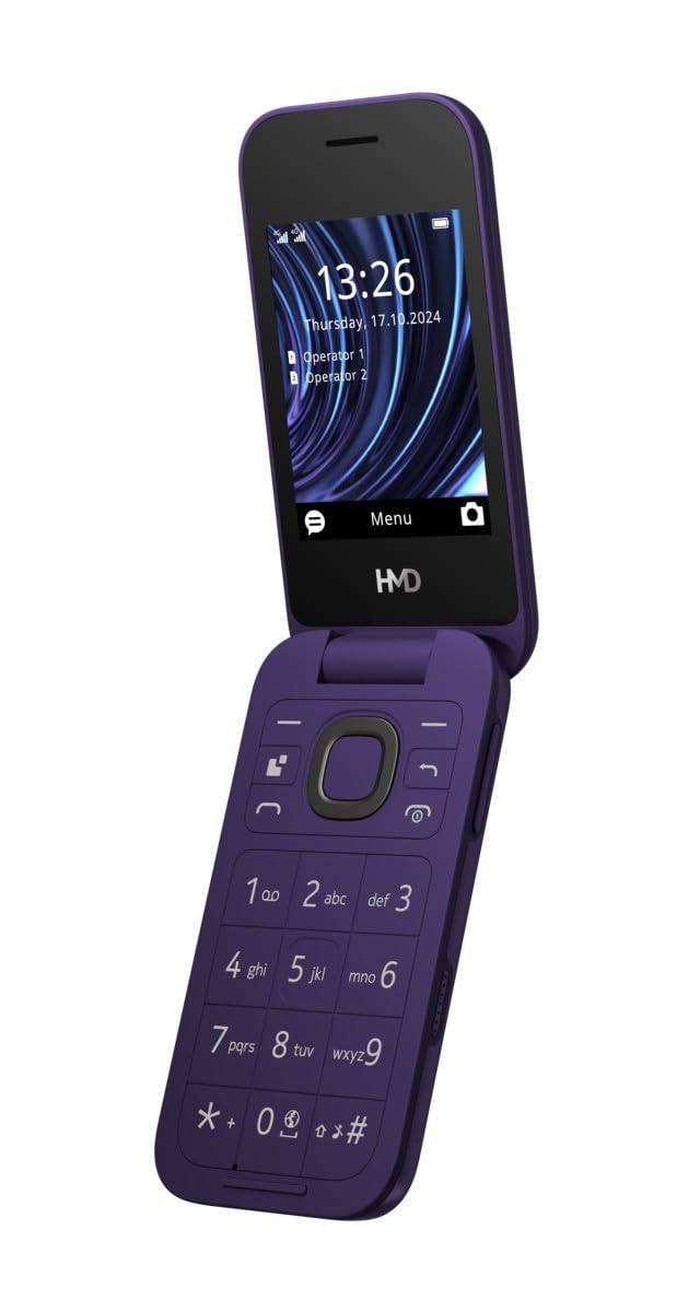 HMD 2660 Flip telefon z klapk? (wy?wietlacz g?ówny 2,8", drugi wy?wietlacz 1,77", 4G + 4G, Bluetooth, 128 MB, akumulator 1450 mAh, radio FM, odtwarzacz MP3, aparat 0,3 MP), fioletowy