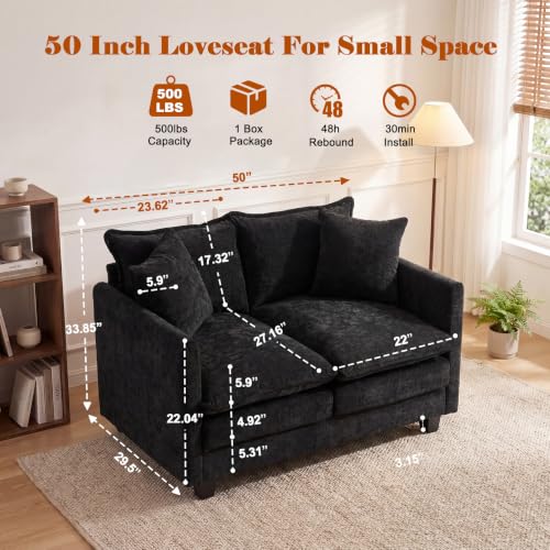 Image of 50'' Loveseat Sofa Set, Small Couch Set 2 Piece Cloud Love Seat with 27 inch Deep Seat Washable Chenille Pillows Couches for Small Spaces Apartment Living Room, Black