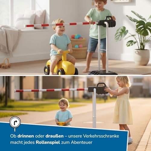 alldoro 60233 Verkehrsschranke für Kinder, 110 x 68 cm, Verstellbarer Schrankenarm, befüllbarer Standfuß, Indoor & Outdoor, ab 3 Jahren, Rot/Weiß