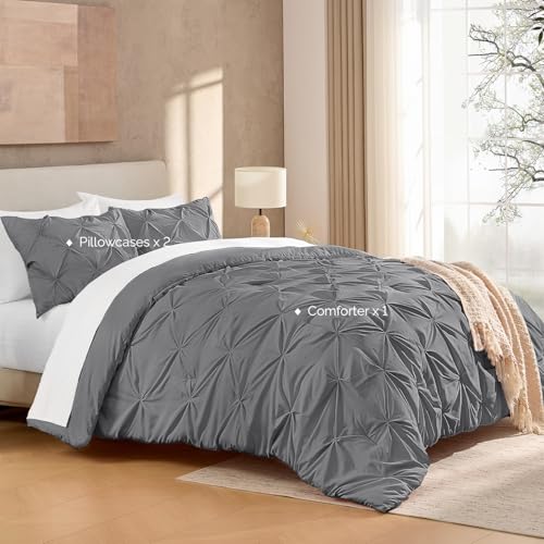 Image of Andency Oversized King Pinch Pleat Comforter Set (120 inchx98 inch),3 Piece Lightweight Pintuck Bedding Comforters & Sets, Fluffy Down Alternative Comforter with 2 Pillow Shams for All Season,Medium Gray