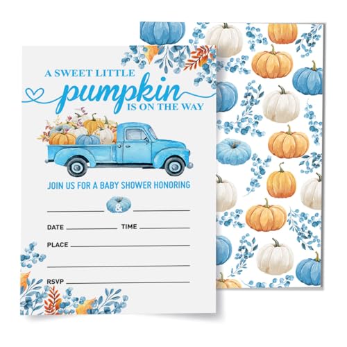 ZEQNIOIZ Fall Pumpkin Baby Shower Party Invitations for Boys Blue Truck Party Invites Set of 20, Autumn Little Pumpkin Baby Shower Invitation Cards with Envelopes
