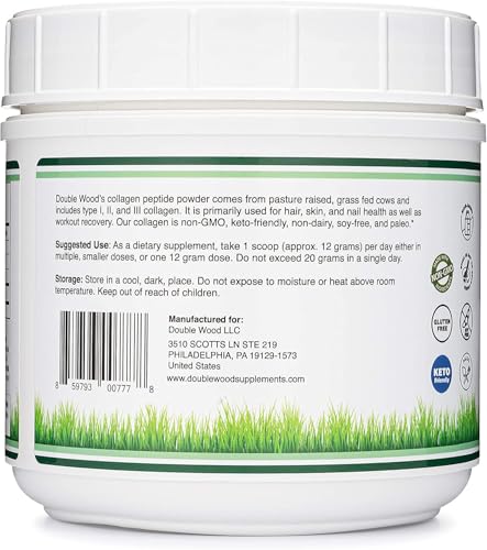 Collagen Peptides Powder - Hydrolyzed Collagen, Keto Safe - 16.08oz - Multi Type 1, 2, and 3 (Grass Fed Bovine Source)(Colageno Hidrolizado) Collagen Supplements for Women and Men by Double Wood