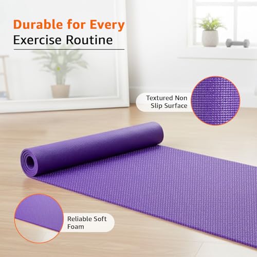 Image of Amazon Basics 6 MM Yoga Mat with Carry Strap | Grippy Surface | Anti-Slip Exercise Mat | PVC Material | Yoga Mat for Men & Women | Exercise Mat for Gym or Home | Purple