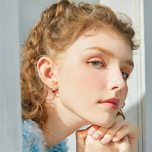 Gold Plated Hoop Earrings with Red Heart Charm, Light Blue Enamel Huggie Hoops, Cute Colorful Statement Earrings for Women2