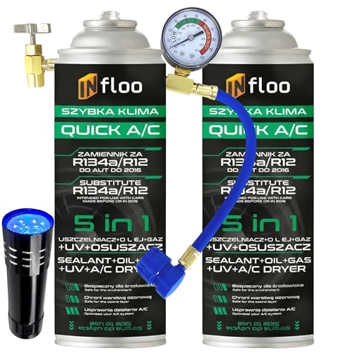 INfloo Quick A/C 5in1 – 2× Sostituto del Gas R134a 205 g con Tubo, Manometro e Torcia UV, Gas + Sigillante + Olio + UV + Essiccante, per Impianti A/C Auto Compatibili