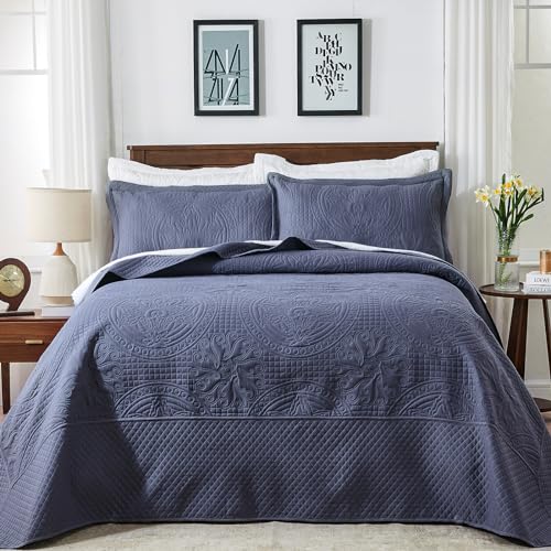 Qucover Oversized King Bedspread 128x120, Soft Microfiber King Size Bedspread Oversized, 3 Piece Ultrasonic Quilting Persian Pattern California King Quilt Set, Navy Blue