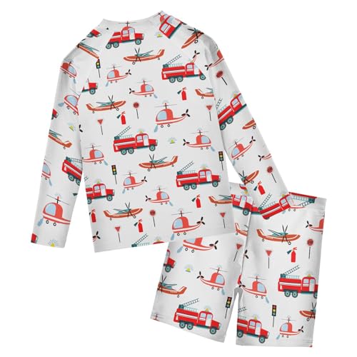 Helicopter Fire Truck Boys Swimsuit Rash Guard Toddler Kids Long Sleeve Swim Shirt and Trunks Swimwear Set 3-10Y2