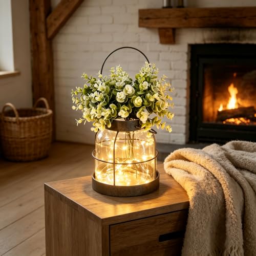 Vintage Glass Farmhouse Vase, Rustic Lantern Planter with LED & Flowers - Image 2