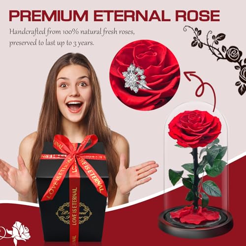 Valentines Day Rose Set Gift for Women | Eternal Forever Rose in Glass Dome | Flower Preserved for 5 Years | Handcrafted | Beauty and the Beast Gift for Her Wife Girlfriend | Anniversary, Mother's Day - Image 4