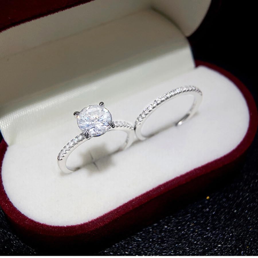 Classic Solitaire Wedding Ring Set for Women, Round Cut Engagement Ring and Eternity Band, Elegant Silver-Tone Bridal Jewelry3