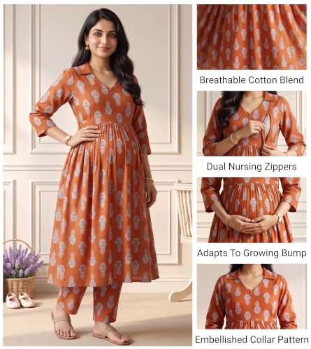 Image of DUMMY SHAPE Maternity Dresses for Women Cotton | Floral Kurta Pant Dupatta Set with Nursing Zippers, Side Pocket | Pre & Post Pregnancy | Feeding Kurti Suit | Baby Shower | Gifts for Pregnant Woman