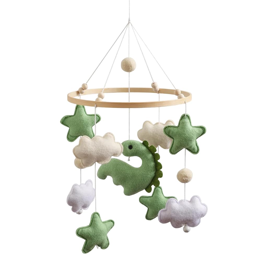 LUFEIS Baby Cot Mobile, Wooden Crib Mobile with Felt Stars, Clouds, Dinosaur Hanging Decorations, Baby Bed Hanging Toy for Bedroom, Nursery, Changing Table, Stroller