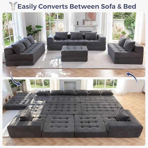 Image of MAXYOYO Modular Sectional Sofa Couch, Foldable Oversized U Shaped Cloud Couch with Pillows, Tufted Boneless Lounger Floor Sofa Bed for Living Room, No Assembly Required, Dark Grey