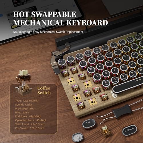 Image of 7KEYS Typewriter Keyboard Wireless Retro Style, Vintage Classical Mechanical Keyboard with Bluetooth for IPAD PC /Laptop Mac /Phone (Wood+Wrist)