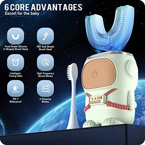 Miniatura 2 de RexCodar Cepillo de dientes eléctrico ultrasónico en forma de U para niños, IPX7 impermeable, cinco modos de limpieza, astronauta de dibujos