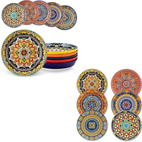 vancasso KRVI 12-Piece Pasta & Salad Set, 6 x 32 oz Large Porcelain Pasta Bowls + 6 x 8.5 Inch Colorful Dessert Plates, Bohemian Printed Dishes for Soup, Salad, Pasta, Microwave & Dishwasher Safe image 4