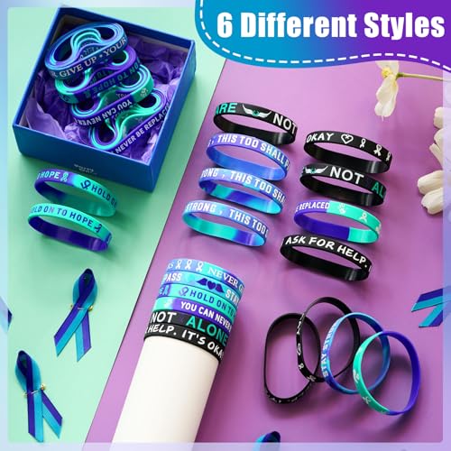 Image of Landical 500 Pcs Suicide Prevention Awareness Silicone Bracelets Purple Teal Ribbon Inspirational Rubber Wristbands Colored Silicone Bracelets Suicide Prevention Awareness Party Favor