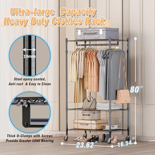 Image of Homdox Heavy Duty Clothing Rack with 3 Tier Adjustable Wire Shelves, Garment Racks for Hanging Clothes, Double Rods Clothing Rack, Freestanding Closet Wardrobe with Side Hooks, Black