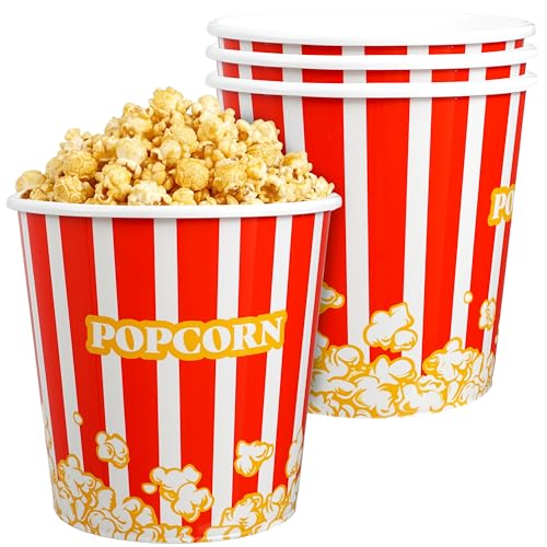 Hampton Distribution Plastic Popcorn Bowl 4 Pack Reusable Popcorn Bucket for Movie Night Round Red & White Snack Bowl 7 x 7 x 6.6