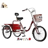 Dreirad Erwachsene 20 Zoll ältere Mobilität Dreirad Eisenkorb hydraulische Stoßdämpfung mit Sitzrückenlehne Dreirad-Schalensitz 46 * 40 cm bemannt und geladen Doppelzweck (Farbe: Rot, Größe: Größe)