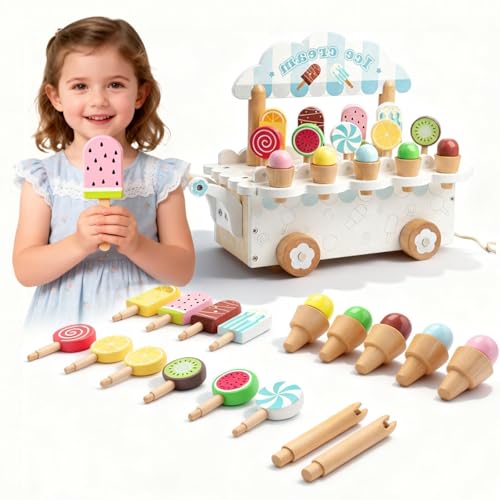 BROWNROOT Wooden Ice Cream Cart for Kids Pull Along Pretend Play Food Toys with Popsicles Ice Cream Cones ToyMontessori Role Play Toy Gift for Toddlers Girls Boys 3 4 5 Years Old