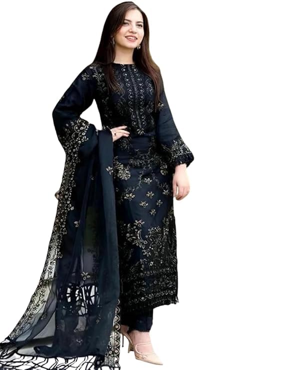 rozland Women's Black Embroidered Pakistani Suit Set, 3-Piece Salwar Kameez with Dupatta,Georgette Straight-picture-19
