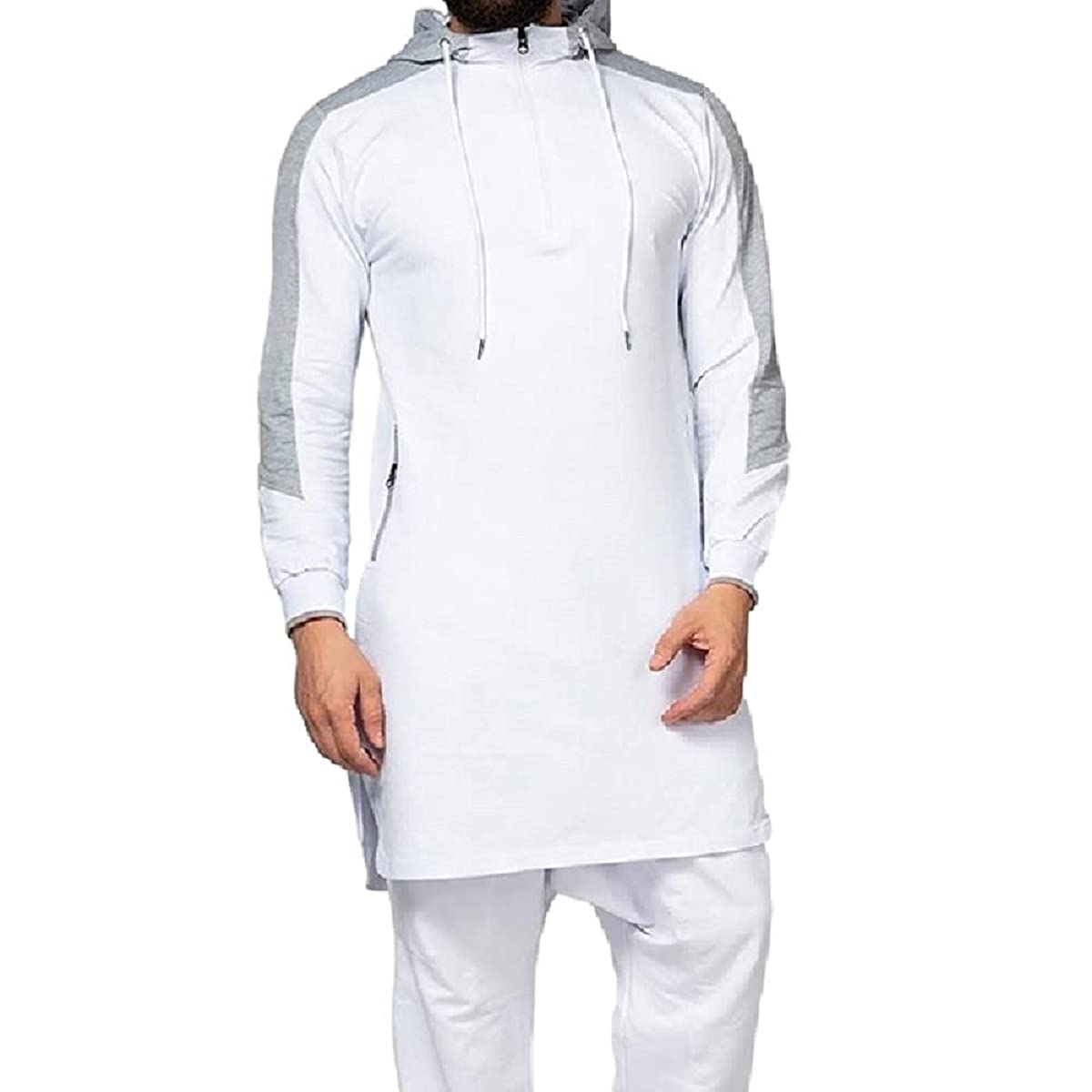 Mens Fashion Hoodie Quarter Zipper Mid Length Pullover Sweatshirt Long Sleeve Muslim Kaftan Hooded Tops with Pockets