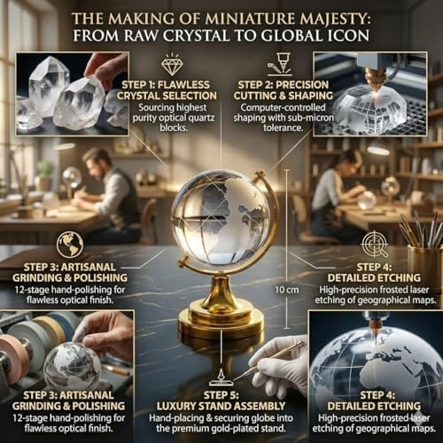 Image of SAUDEEP INDIA Feng Shui Crystal Globe Idol with Golden Stand for Home Decor, Success, Good Luck & Prosperity | Vastu Glass Miniature Globe | Rakhi for Brother with Gift