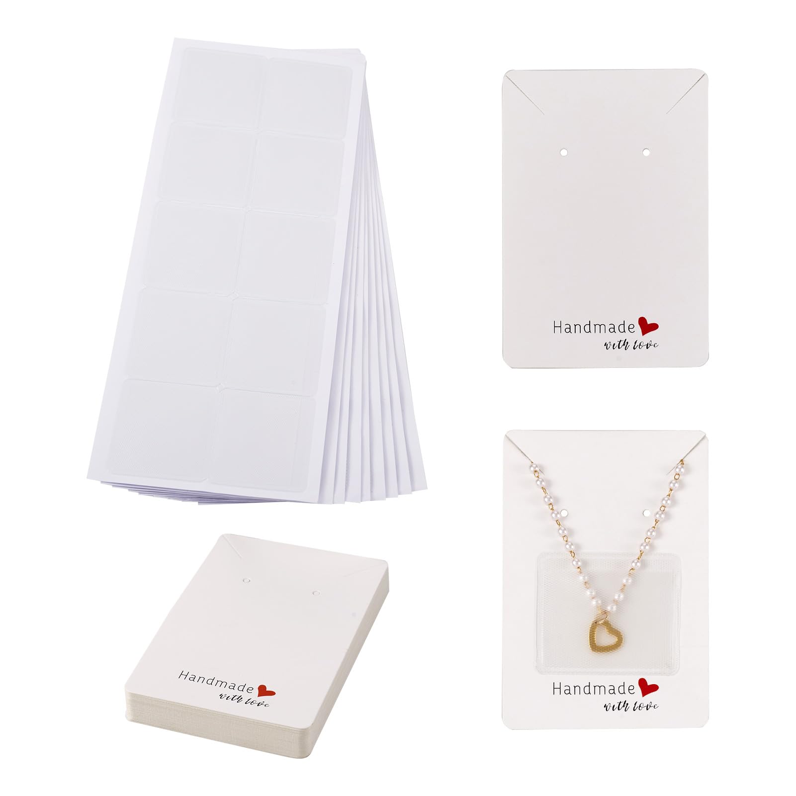 Craftdady 100 Jewelry Display Cards with 100 Adhesive Pouches Jewelry Packaging Bag Adhesive Pouch for Necklace Display Cards Necklace Chain Pouch for Selling Necklace Earring Jewelry Supplies (White)