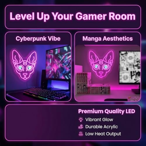 Image of Sphynx Cat Neon Sign - 14.1 inch x 12.6 inch Purple & Pink LED Wall Art, Cyberpunk Hairless Cat Light for Gamer Room, Anime Fan Decor, Manga Style Night Light