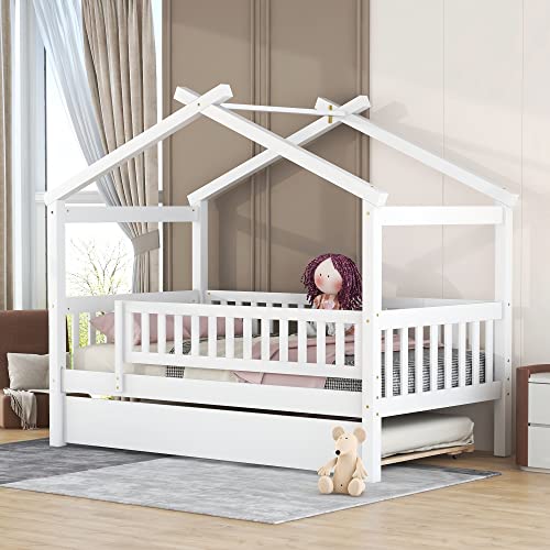 Twin-House-Bed-with-Trundle-Kids-Twin-Platform-Bed-Frame-with-Rails-and-Roof-Tent-Bed-White-Wood-Playhouse-Bed-Twin-Montessori-Bed-for-Kids-Teens-Girls-Boys-No-Box-Spring-Needed Twin House Bed with Trundle Kids Twin Platform Bed Frame with Rails and Roof Tent Bed White Wood Playhouse Bed Twin Montessori Bed for Kids Teens Girls Boys No Box Spring Needed