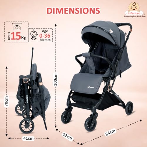 Image of Infantso RIDE-X Premium Baby Stroller / Pram Auto Fold with 5 Points Safety Harness, Multi Level seat Recline & Spacious Cushioned seat, One-Hand Fold and 360 Rotating Wheels, Travel Friendly, Extendable Canopy, Adjustable Footrest, Shock Absorption Wheels, Lightweight Stroller for 0 to 3 Years (Grey)