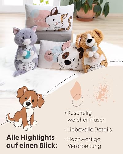 NICI Kissen Hund 43x25cm - braun - Flauschiges Kuscheltierkissen für Jungen, Mädchen Kuscheltierliebhaber, ideal für Zuhause, Kindergarten oder unterwegs - 62163