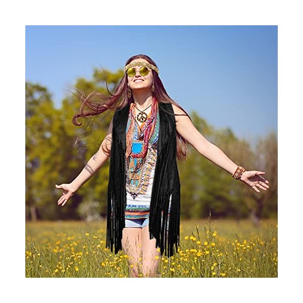 6 pcs 60s 70s outfits for women hippie costume set peace sign earring headband fringe vest tassel cardigan - image 8