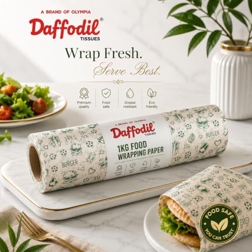Image of DAFFODIL Food Wrapping Paper Roll 1kg | Premium Food Grade Greaseproof & Oil Resistant Wrapping Paper | Ideal for Sandwiches, Burgers, Bakery, Snacks, Takeaway & Food Packaging