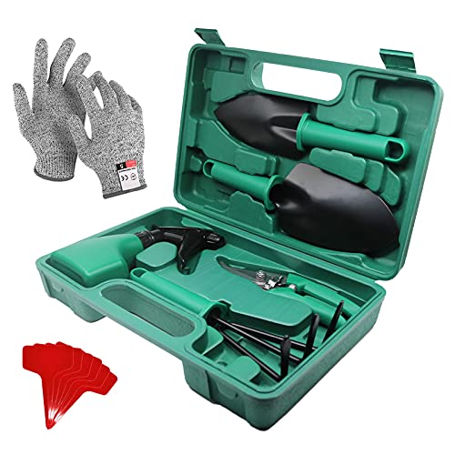 Garden Tools Set 8 Pieces Stainless Steel Heavy Duty Garden Supplies with Carrying Storage Case Weeder Pruner Sprayer Transplanting Spade Rake Trowel Anti-cutting Gloves Label Gardening Hand Tools
