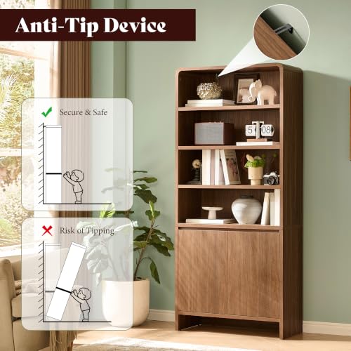 Image of AMERLIFE 71 inch Modern Bookcase Set of 2 with Storage Cabinets, 6-Tier Wood Bookshelf with Doors & Adjustable Shelves, Curved Design Display Cabinet for Living Room, Bedroom, or Home Office, Brown