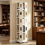 Spinning Bookshelf with Wheels, Adjustable Storage Rack, Narrow Bookcase Organizer for Small Spaces, Home Office Living Room Bedroom