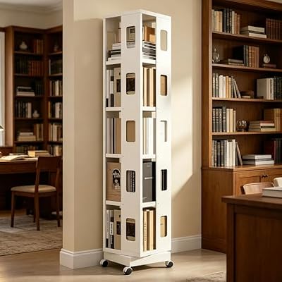 Spinning Bookshelf with Wheels, Adjustable Storage Rack, Narrow Bookcase Organizer for Small Spaces, Home Office Living Room Bedroom