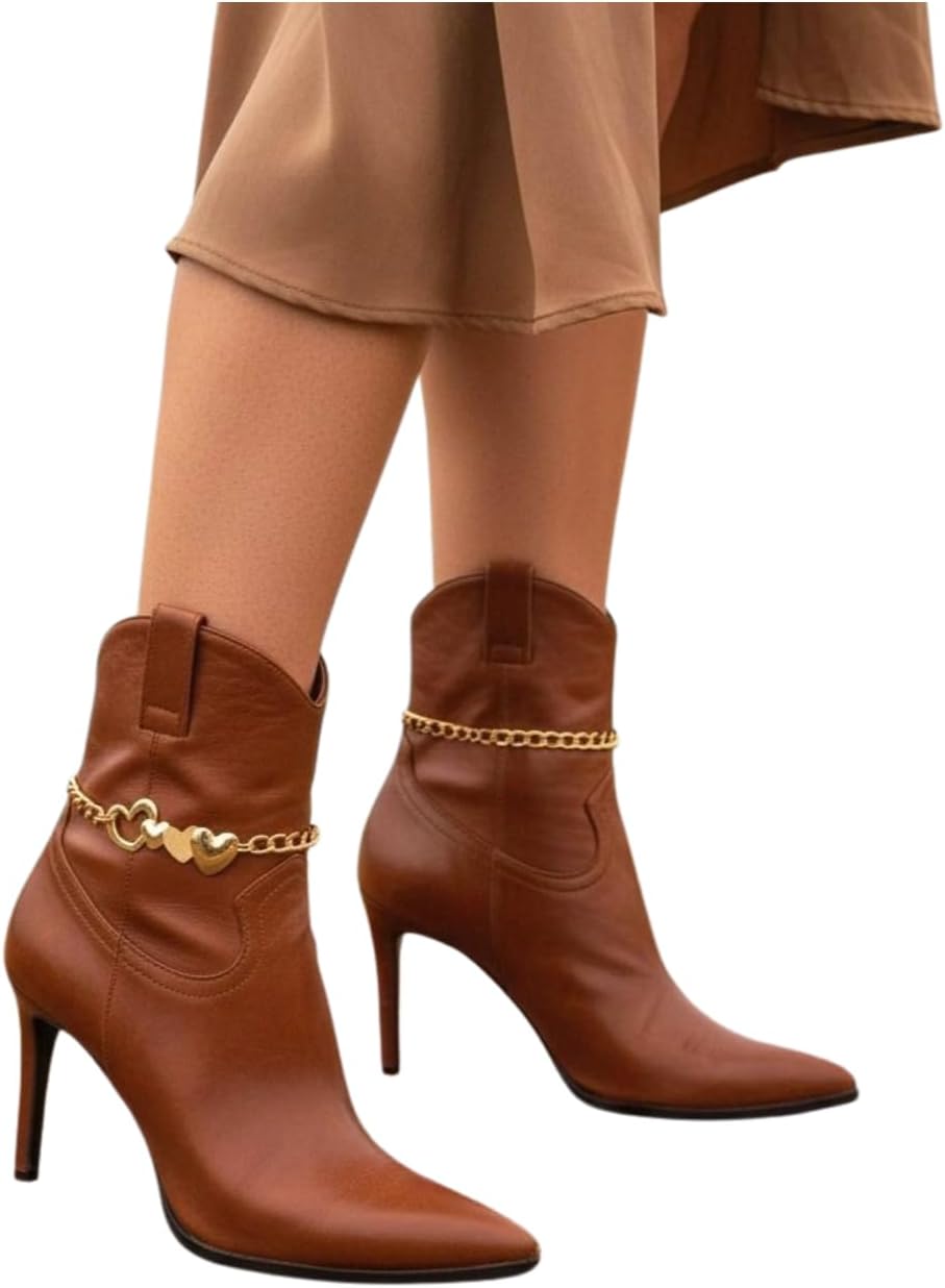 Women 2PCS Western Fashion Gold Metal Boot Chain Bracelet Shoe Anklet Love Heart Charm Handmade BC156