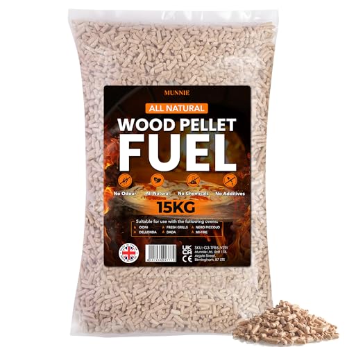 Munnie 15kg Premium Wood Pellets Superior Fuel for Pizza Ovens Smokers & BBQs | 100% Pure Softwood | High Heat Output & Clean Burn | Easy-Light Cooking Pellets | Bagged for Easy Storage & Handling