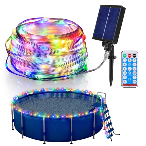 65ft Solar Pool Lights for Above Ground Pools, 180 LEDs Remote IP65 Waterproof Rope String Lights, 8 Color Modes, Swimming Frame Pool Decor Accessories for Outdoor Outside Trampoline Camping