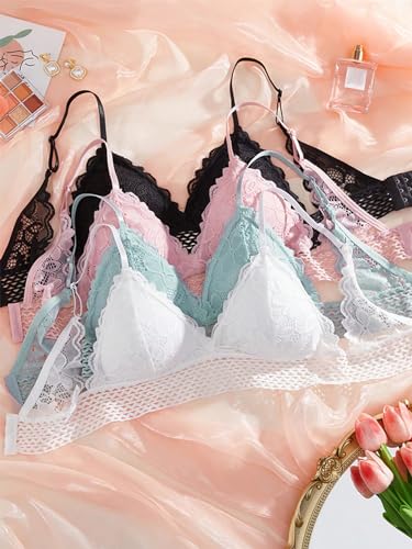 Image of RoseSeek Women's 4 Pack Floral Lace Adjustable Straps Wireless Bra Scallop Trim Molded Bralettes Sets
