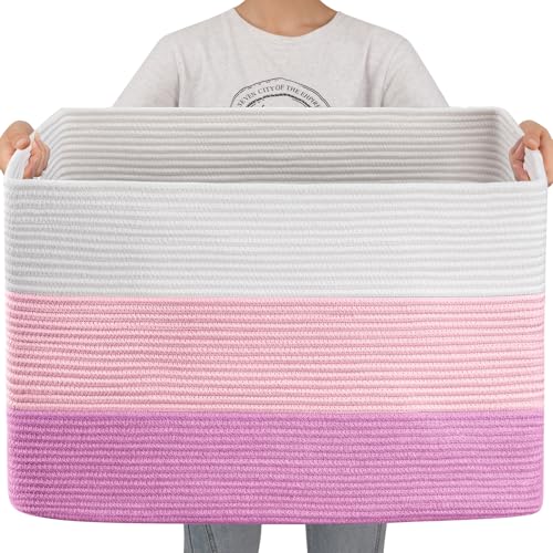 OIAHOMY 108L Super Large Blanket Basket, 25”x16”x16”(108L) Rectangle Woven Baskets for Storage, Cotton Rope Basket For Living Room, Toy Basket with Handle, Basket for Organizing- Gradient Pink