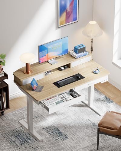 Image of HUANUO 48 x 30 inch Electric Standing Desk with 4 Drawers, Adjustable Height Sit Stand Home Office Desk with Two Tiers, Ergonomic Adjustable Stand up Desk C-Clamp Monitor Mount Compatible, Natural