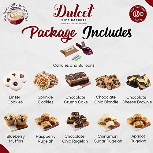 Dulcet Gift Baskets Happy Birthday Sampler Red Wicker Basket featuring Muffins Sprinkle Cookies, Candle, Balloons and more. Gift Box for Women, Kids, Friends, Family, Him, Her, Girls & Boys - Image 3