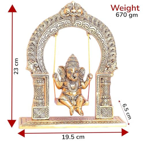 Image of KridayKraft Ganesh ji dori jhula Idol, Ganpati Idol on Swing jhula for Temple Pooja, Ganesh Metal Statue Home, Office & Table Decorative, Religious Showpiece Figurines