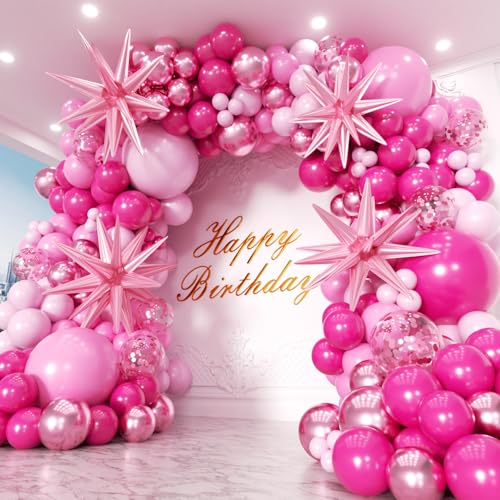 PTGOLUO Pink Balloons Garland Arch Kit 163pcs with Star Hot Pink Metallic Pink Shades of Pink Valentines Day Balloons for Birthday Wedding Princess Theme Engagements Baby Shower Party Decorations