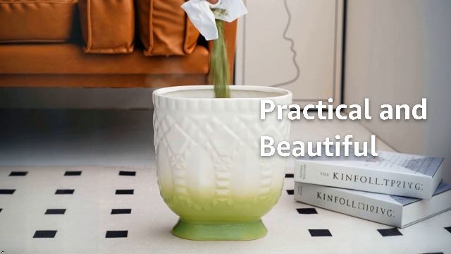 Image of Modern Trash Can - Ceramic Decorative Waste Container for Bathroom, Kitchen, and Bedroom, Garbage Bin for Home & Office, Wastebasket Container (Green)
